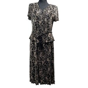 Connected Apparel Floral Micro Pleated Peplum Maxi Dress Black Tan Size 12 vtg